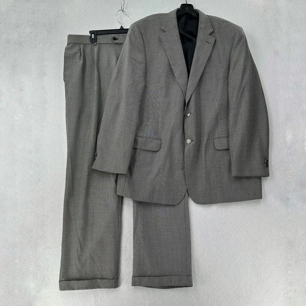 Stafford Plaid Houndstooth Suit Blazer Jacket‎ 48L Pants 41X31 Metal Buttons